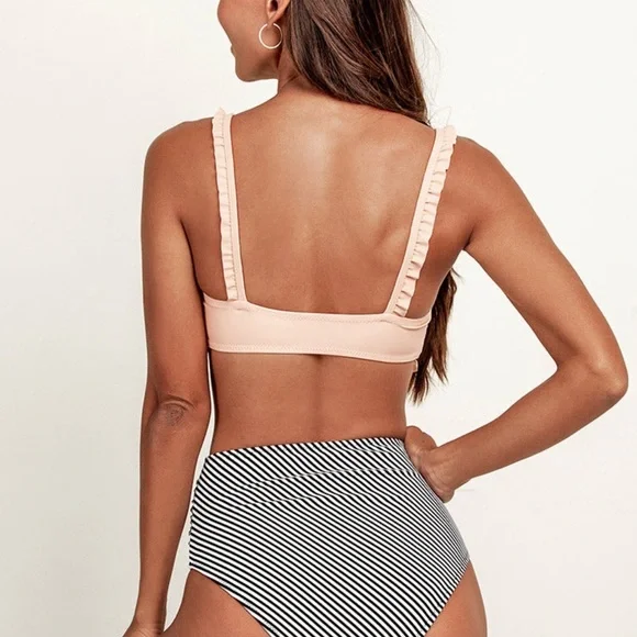CUPSHE Ruffle Bandeau Bikini With High Waisted Bottom NWT SM Peach Black White - Picture 4 of 17